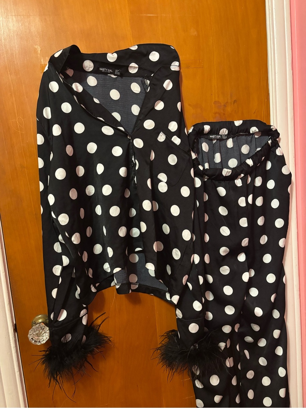 Nasty Gal Black & White Polka Dot Satin Pajama Set with Feather Cuffs